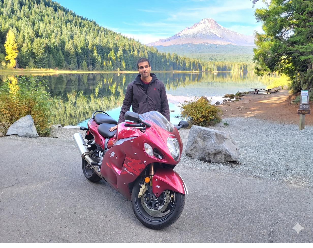 Motorcycling at Trillium Lake with Mt. Hood