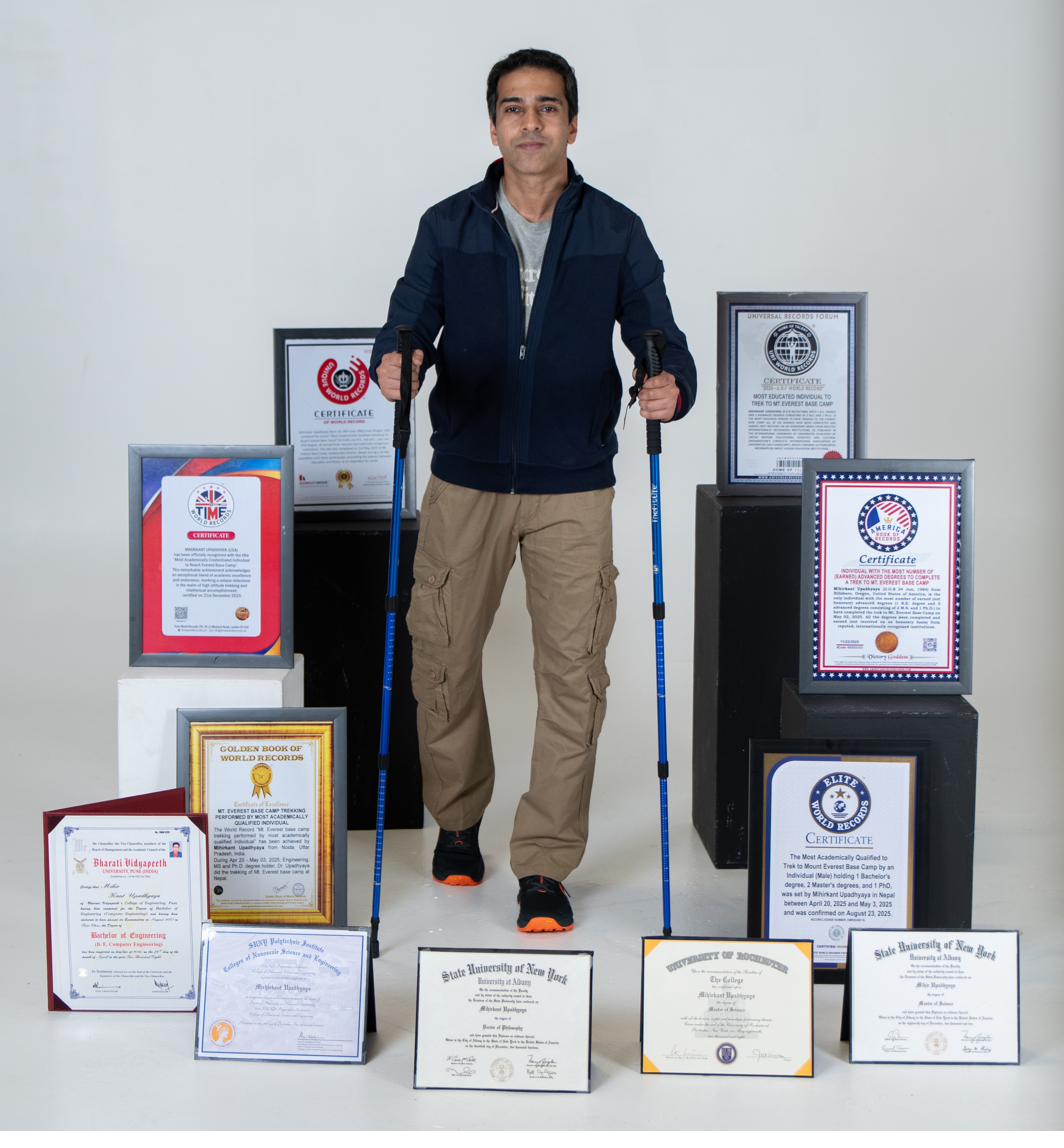 In trekking gear with certificates and degrees